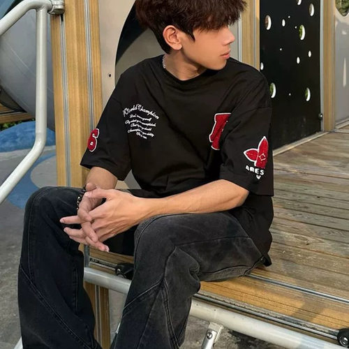 美式高街刺绣字母t恤男装2026新款国潮牌夏季宽松上衣情侣装短袖 - 图2