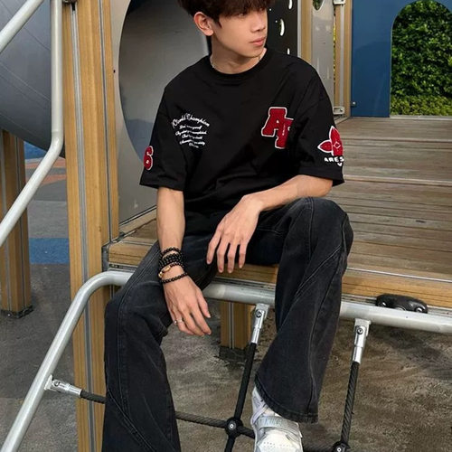 美式高街刺绣字母t恤男装2026新款国潮牌夏季宽松上衣情侣装短袖 - 图0