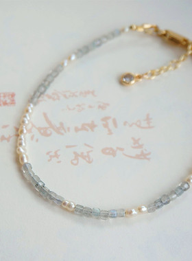 【拾光】天然极细灰月光方糖珠手串拉长石淡水珍珠2mm钛钢不褪色