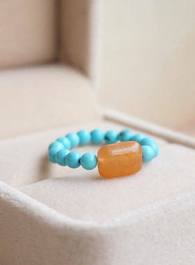 小苍蓝～天然绿松石东陵玉串珠戒指小众手作定制弹力绳食指戒气质