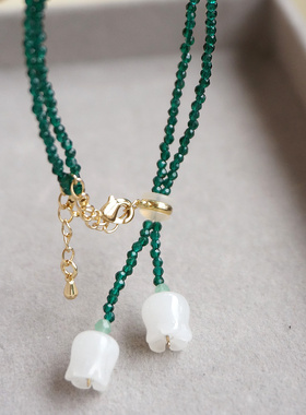 《铃兰花开》森系手作尖晶石白玉双层手链少女风绿色系送好友礼物