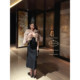Rice chestnut black stitching slimming waist knitted suspender skirt
