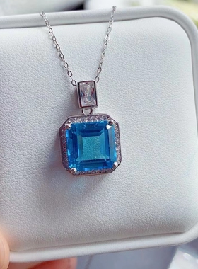 豪华925纯银项链蓝托帕石吊坠镶嵌方形10*10mm空托银托定制彩宝