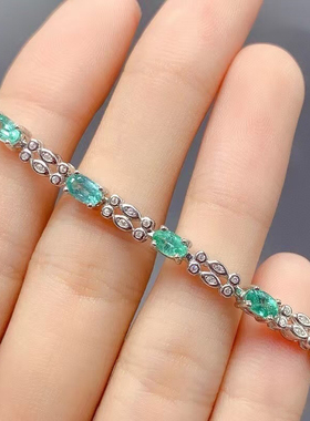 新款925纯银手链空托镶嵌7粒椭圆3×5祖母绿宝石银托定制加工镶嵌