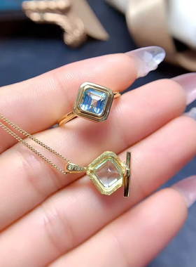 新款925纯银镀金戒指吊坠套装项链镶嵌方6 海蓝宝托帕石银托空托