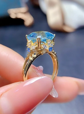 豪华925纯银镀金戒指镶嵌方形10*10宝石海蓝宝来石加工批发设计