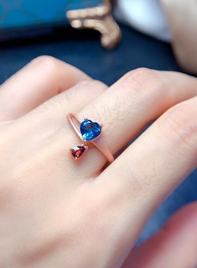 S925银戒指红宝石海蓝宝水晶镶嵌心形6*6/水滴3*4银空托来石加工