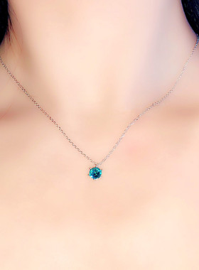 海蓝色单钻项链锁骨链纯银镀白金