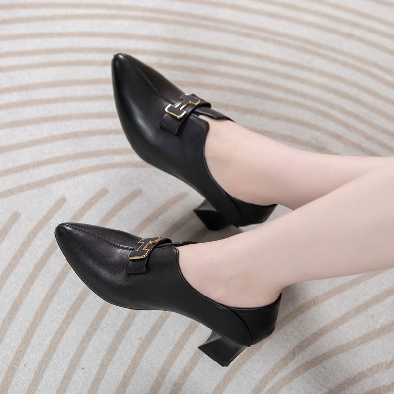 真皮高跟鞋女春秋季新款气质粗跟职业鞋春秋百搭深口小皮鞋通勤OL,淘宝优惠券,粉丝福利购,淘宝优惠卷