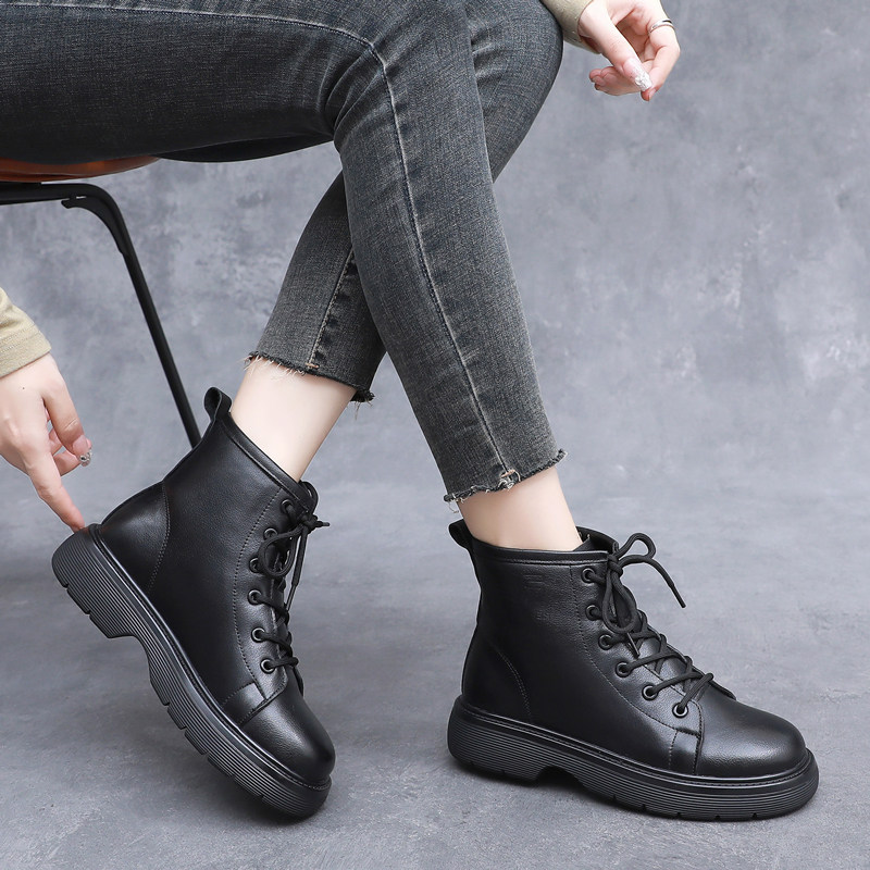 真皮厚底女靴马丁靴秋冬季系带黑色皮靴春秋单靴子松糕短靴舒适,淘宝优惠券,粉丝福利购,淘宝优惠卷
