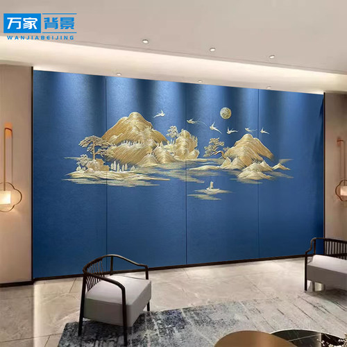 定制客厅沙发新中式床头卧室刺绣硬包电视背景墙酒店墙布壁画宾馆 - 图0
