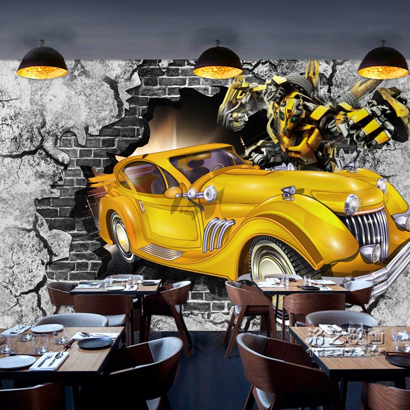 咖啡个性 汽车贴纸饭店工业风复古墙纸奶茶背景墙壁画 3d立体创意