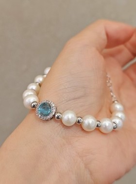 香港壹刻珠宝天然淡水珍珠蓝锆石手串  配专柜礼盒+礼袋
