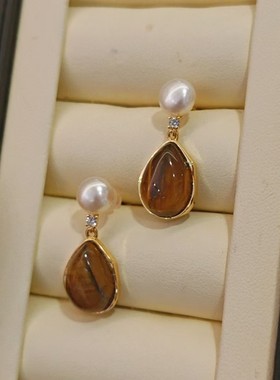 香港壹刻珠宝天然淡水珍珠新中式虎眼石耳钉一对 配专柜礼盒+礼袋