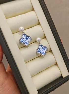 香港壹刻珠宝天然淡水珍珠新中式青花瓷耳钉一对 配专柜礼盒+礼袋