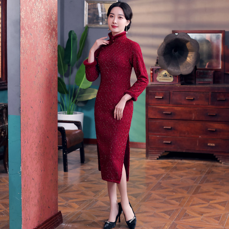 婚礼喜婆婆长袖中长款小个子厚旗袍 淑女记旗袍