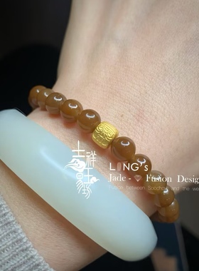 *吉祥玉易坊*新疆和田糖料  红糖圆珠手串+18K金配件   手串