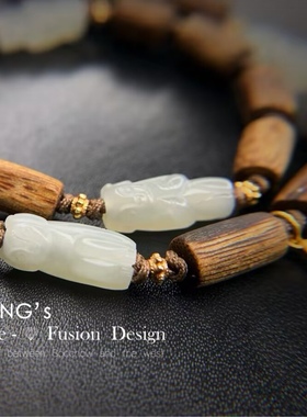 *吉祥玉易坊*新疆和田白玉 籽料玉贵人4p+奇楠手串（绕手两圈）