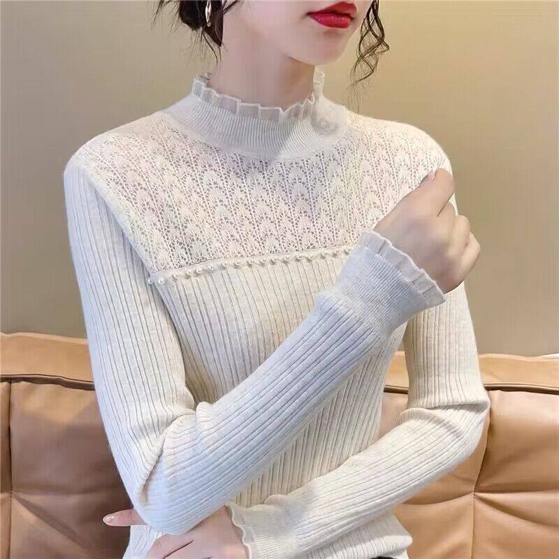 2025春装新款洋气甜美打底衫女毛衣半高领修身蕾丝内搭针织衫上衣,淘宝优惠券,粉丝福利购,淘宝优惠卷
