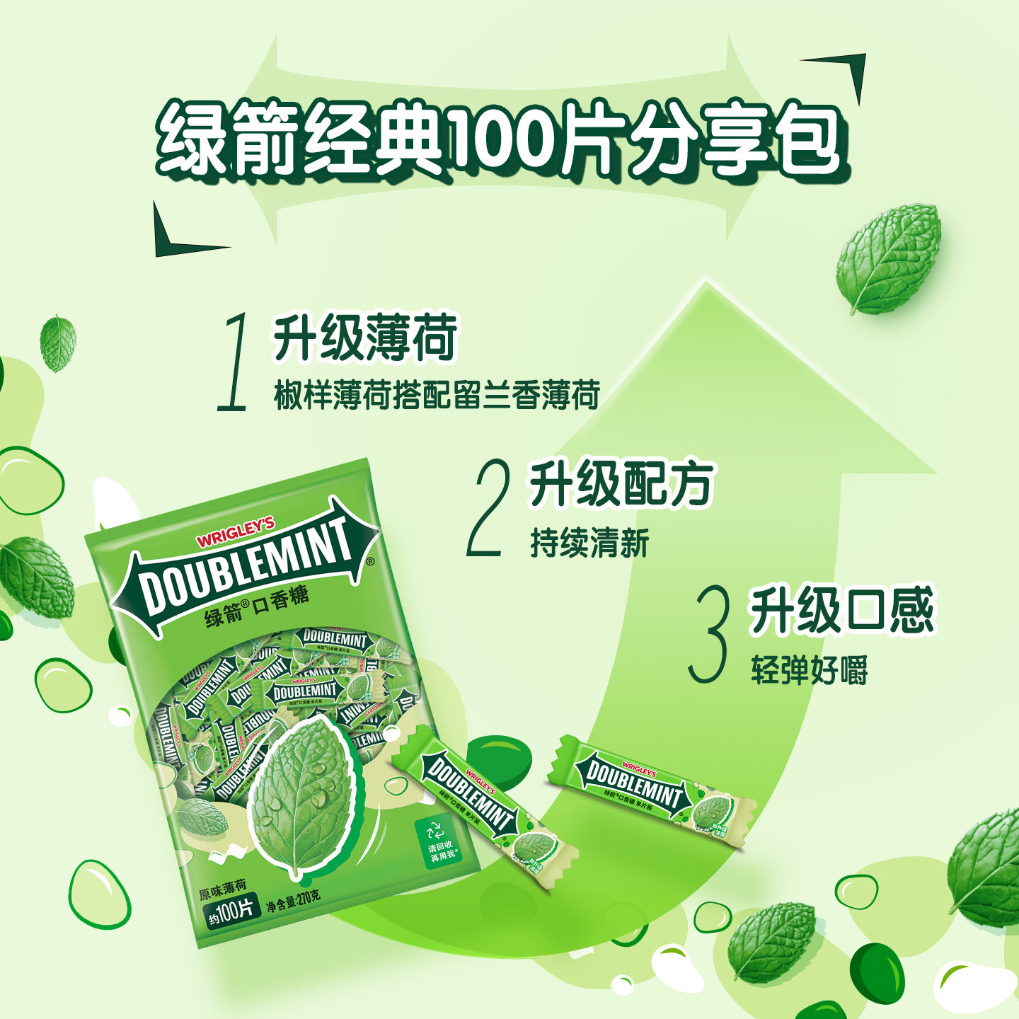 绿箭口香糖清凉薄荷味独立小包装办公室零食休闲糖果官方旗舰店