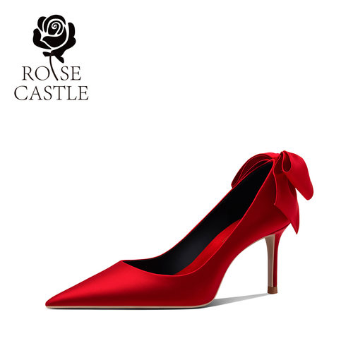 rose castle红色秀禾婚鞋女蝴蝶结尖头高跟新娘鞋绸缎礼服敬酒鞋 - 图3