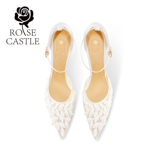 rosecastle一字带蕾丝高跟鞋凉鞋女新款夏季网纱主纱婚鞋女新娘鞋 - 图0
