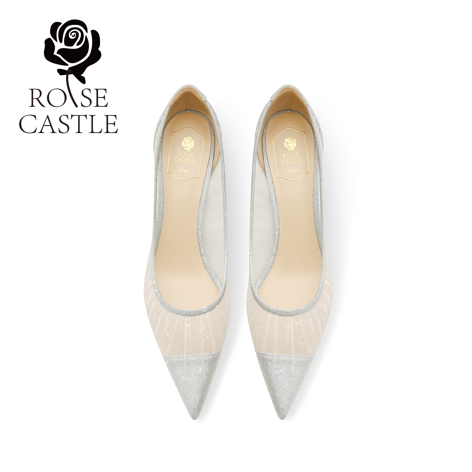 皎月浮光 rosecastle 婚鞋女尖头浅口时尚单鞋银色蕾丝宴会高跟鞋,淘宝优惠券,粉丝福利购,淘宝优惠卷