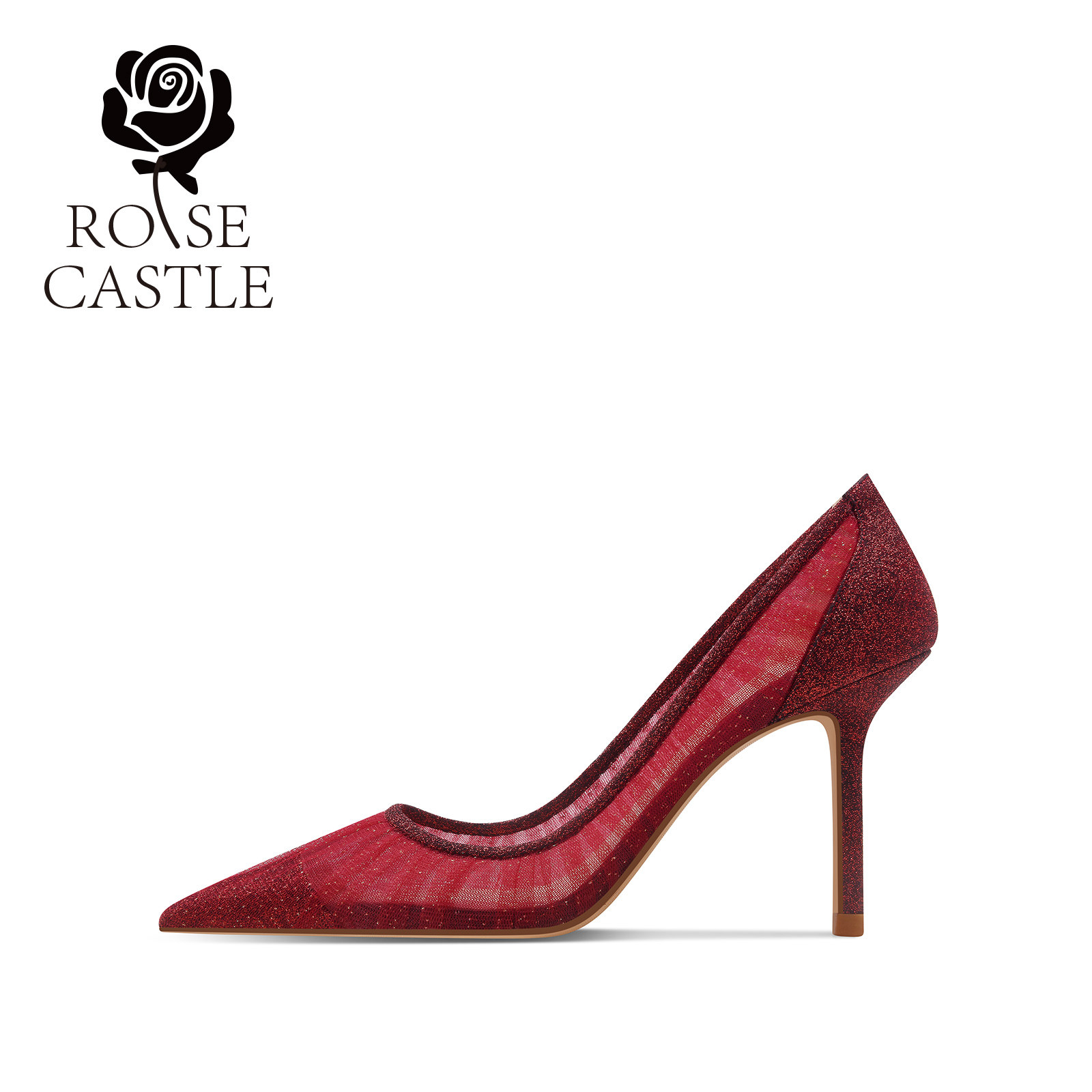 rosecastle 红色秀禾鞋婚鞋女高跟鞋细跟不累脚尖头浅口网纱单鞋,淘宝优惠券,粉丝福利购,淘宝优惠卷