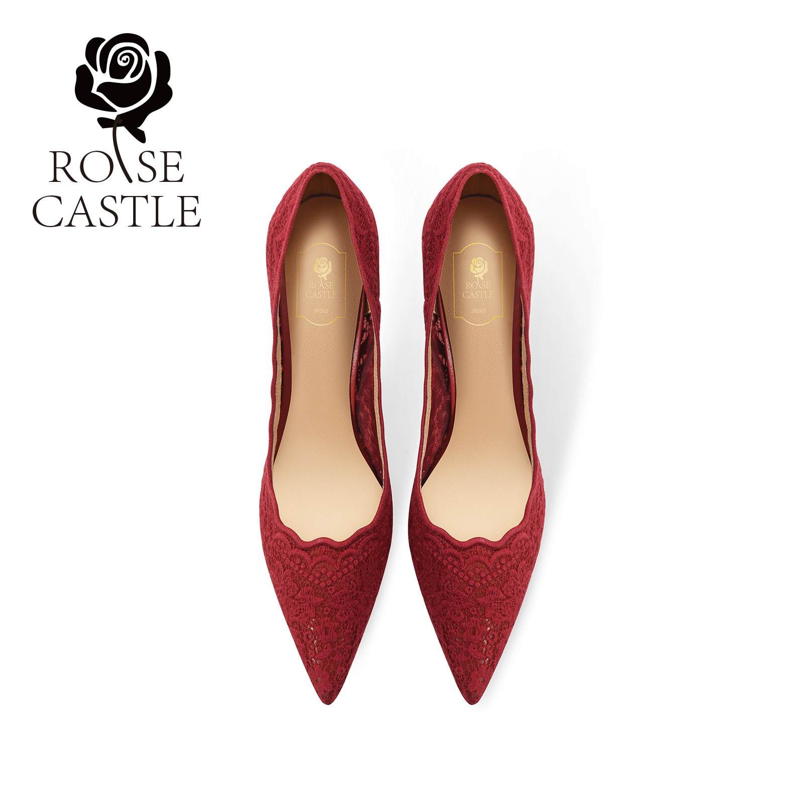rose castle绝美中式蕾丝婚鞋新娘鞋女秀禾鞋尖头宴会高跟鞋红色,淘宝优惠券,粉丝福利购,淘宝优惠卷