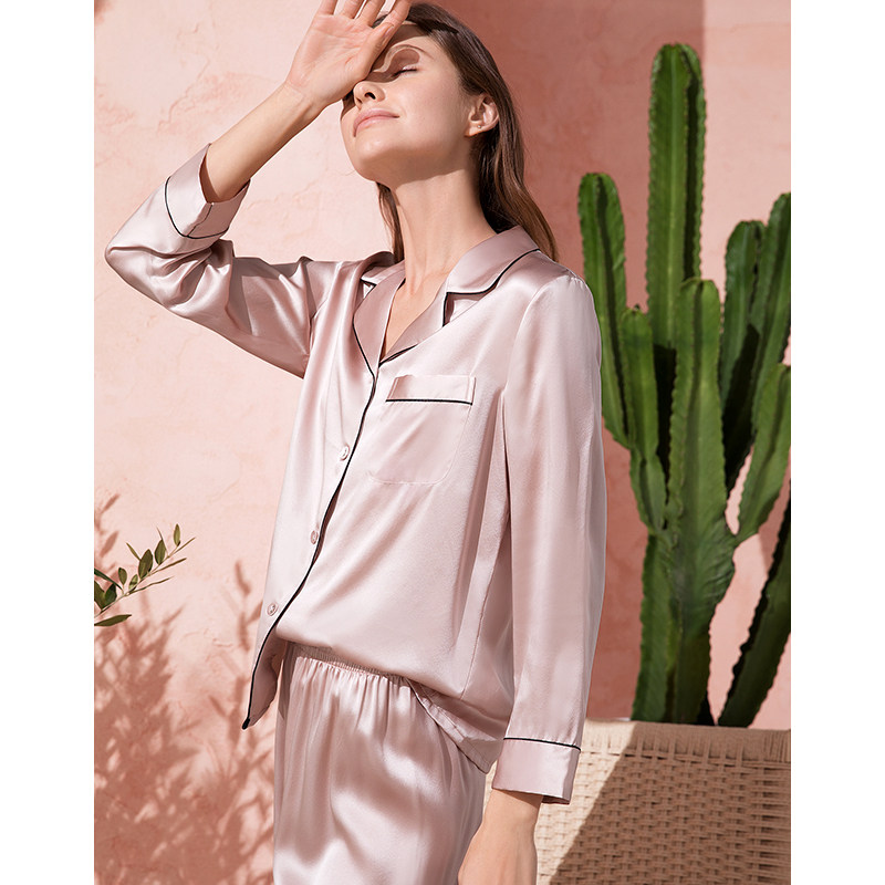女夏长袖两件套100%桑蚕丝宽松睡衣 金三塔浙江睡衣/家居服套装