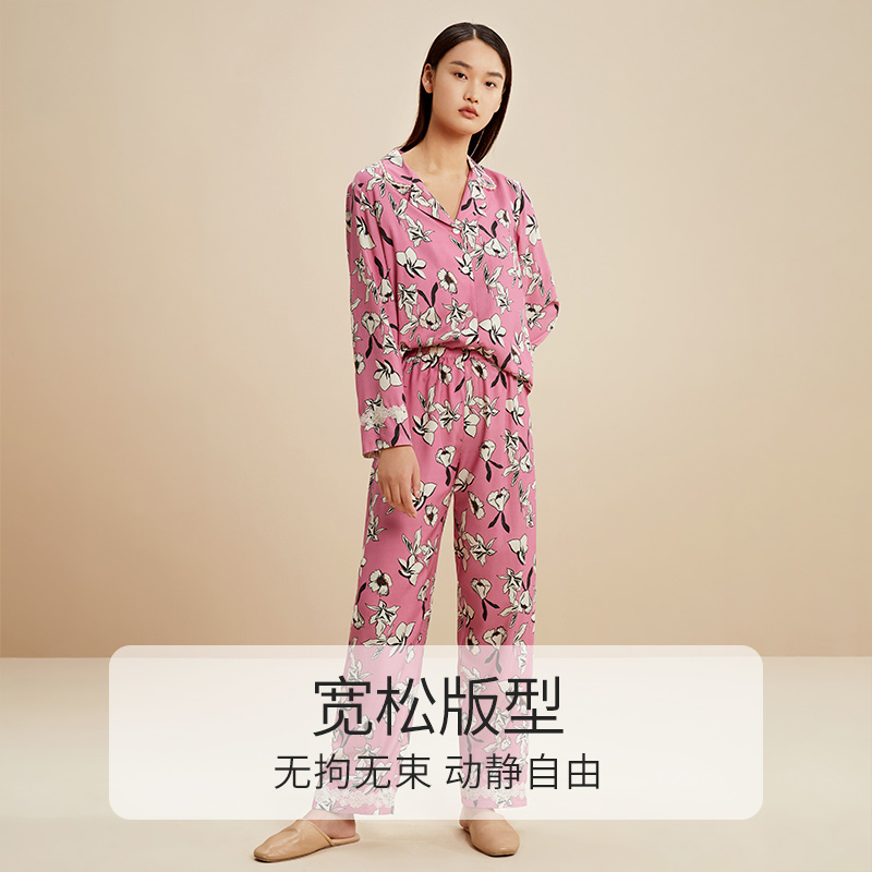 金三塔100%桑蚕丝睡衣女长袖两件套蕾丝印花家居服秋冬新品