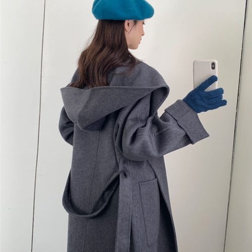 诺诺感连帽开襟羊毛外套(配腰带)（含65.8绵羊毛）s565A1 - 图0