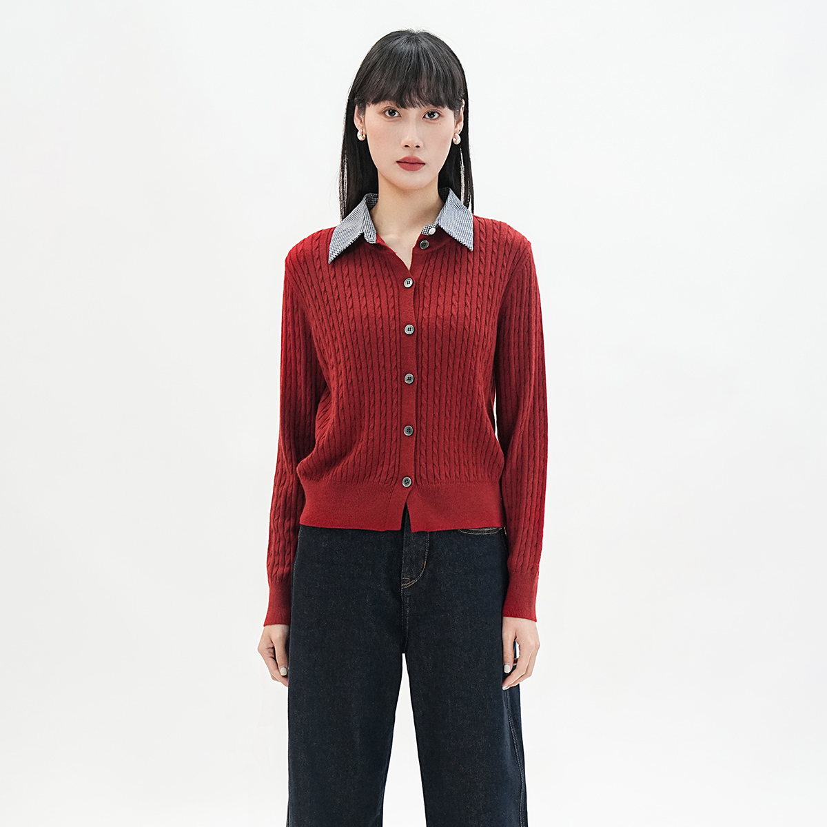 歌蒂诗2025秋季新款时尚简约假两件衬衫领针织开衫外套3F11Z1751A - 图0