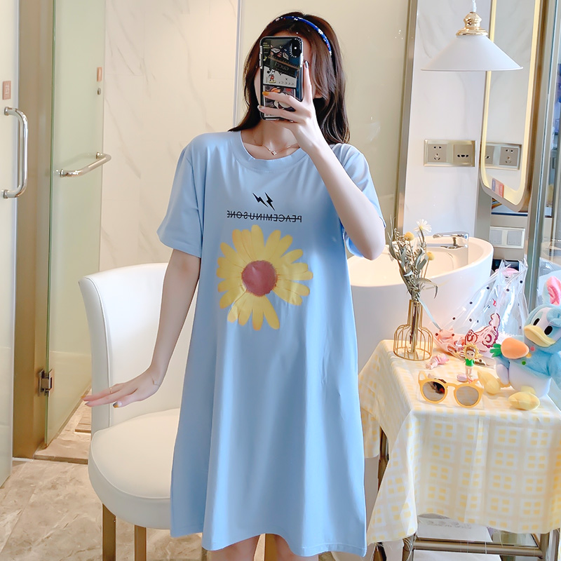 兰秀美旗舰店睡裙女夏季年新款纯棉短袖可爱全棉日系夏天薄款长款过膝睡衣1