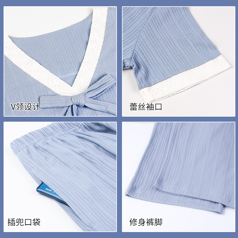 兰秀美旗舰店睡衣女士夏天短袖长裤纯棉全棉薄款居家纯色简约家居服两件套装女2