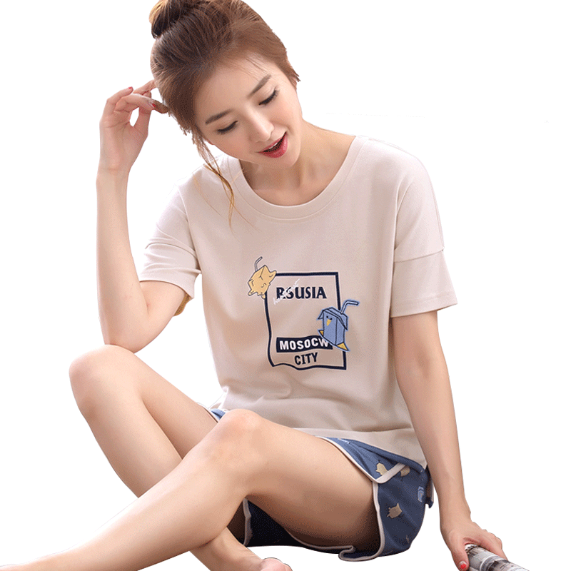 兰秀美旗舰店韩版睡衣女夏季纯棉短袖短裤卡通可爱薄款家居服外出休闲两件套装3