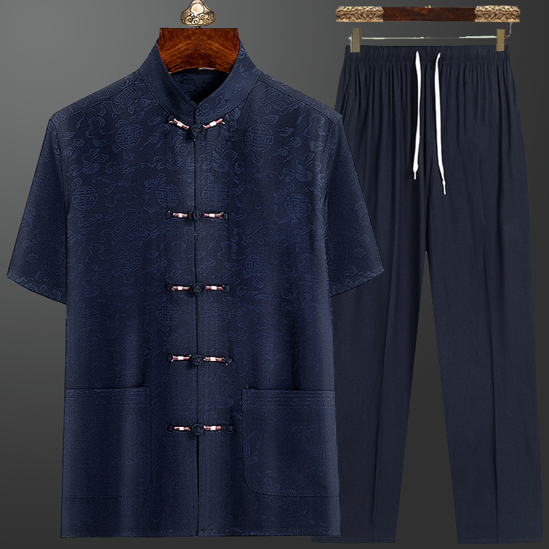 杰菲迪旗舰店中老年人唐装男短袖套装夏新品父亲民族风复古汉服爷爷装棉绸提花0