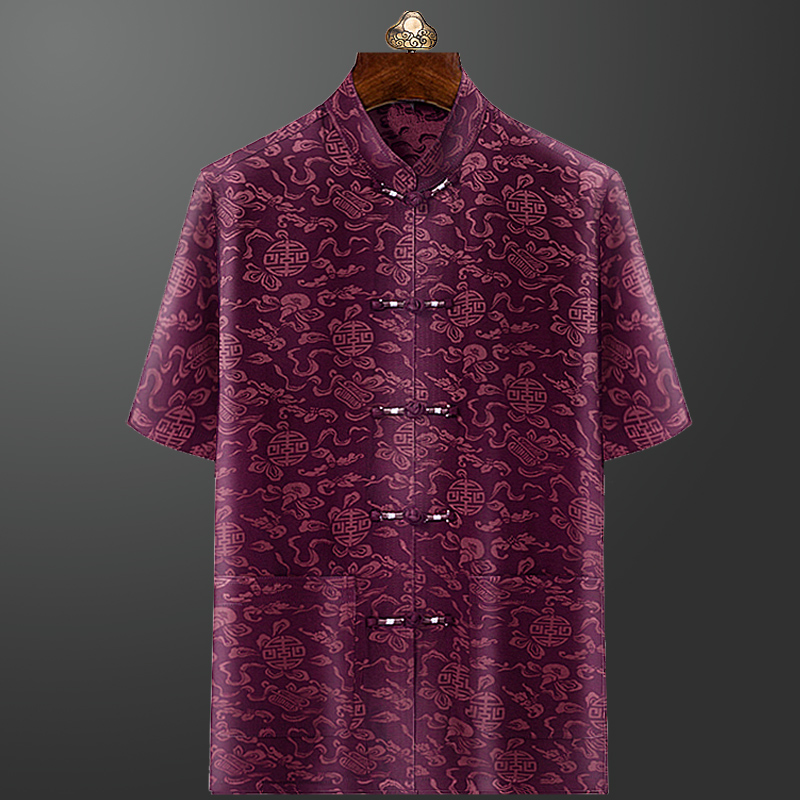 杰菲迪旗舰店中老年人唐装男短袖套装夏新品父亲民族风复古汉服爷爷装棉绸提花1