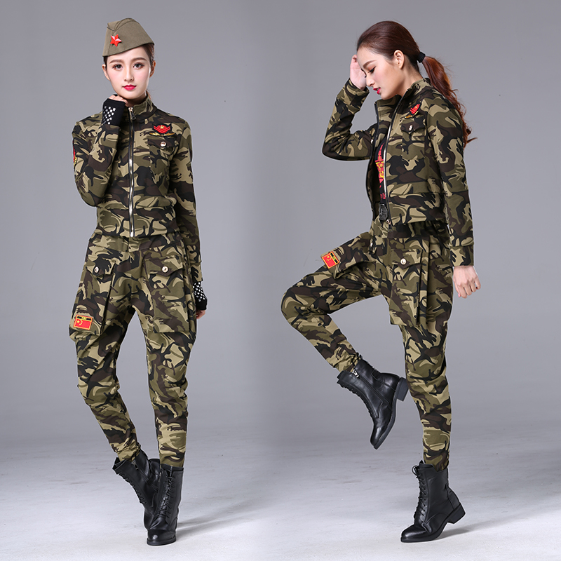 2019迷彩服套装女三件套春季新款作战服新款水兵舞服哈伦裤套装女-图0