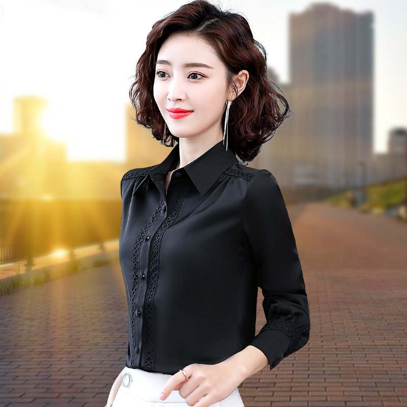 秋季缎面雪纺衬衫长袖2021打底衫 粉萱服饰蕾丝衫/雪纺衫