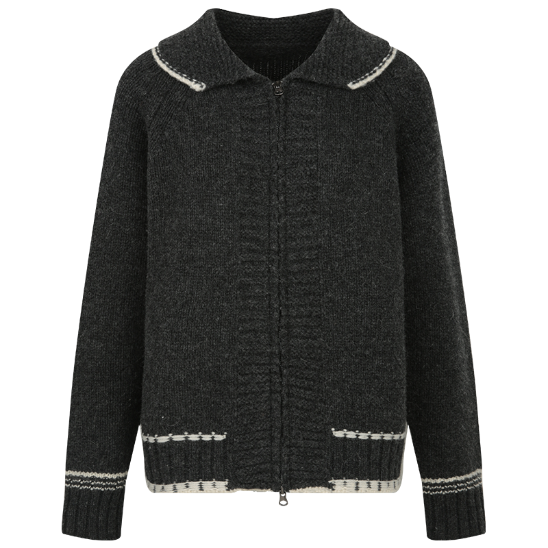 【新品9折】omont蛋挞家100%羊毛复古棒球风拉链针织开衫毛衣外套 - 图3