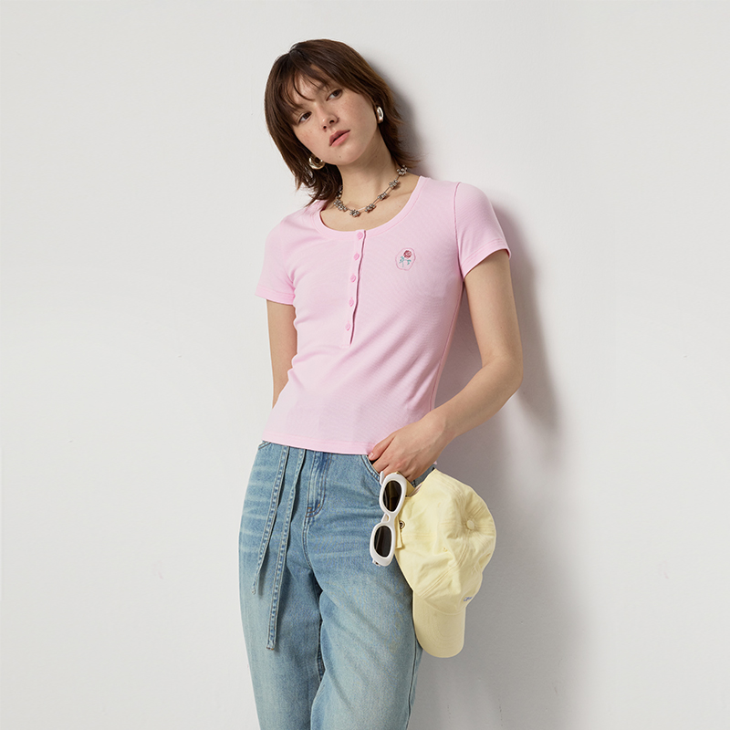 omont蛋挞家 复古玫瑰刺绣短袖T恤夏季新款正肩修身显瘦上衣 - 图1