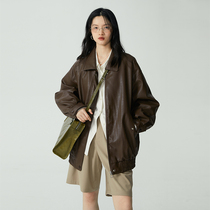 omont egg tart brown leather dress lady 2023 new retro loose locomotive short jacket jacket lady spring autumn