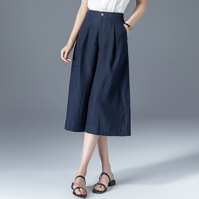 藏青色棉麻阔腿裤夏薄款直筒裤子 凌丹娜休闲裤