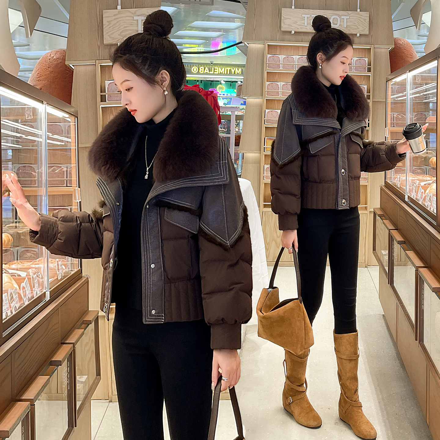 大毛领短款白鹅绒羽绒服女2025冬季新款高级感皮毛一体皮草短外套,淘宝优惠券,粉丝福利购,淘宝优惠卷