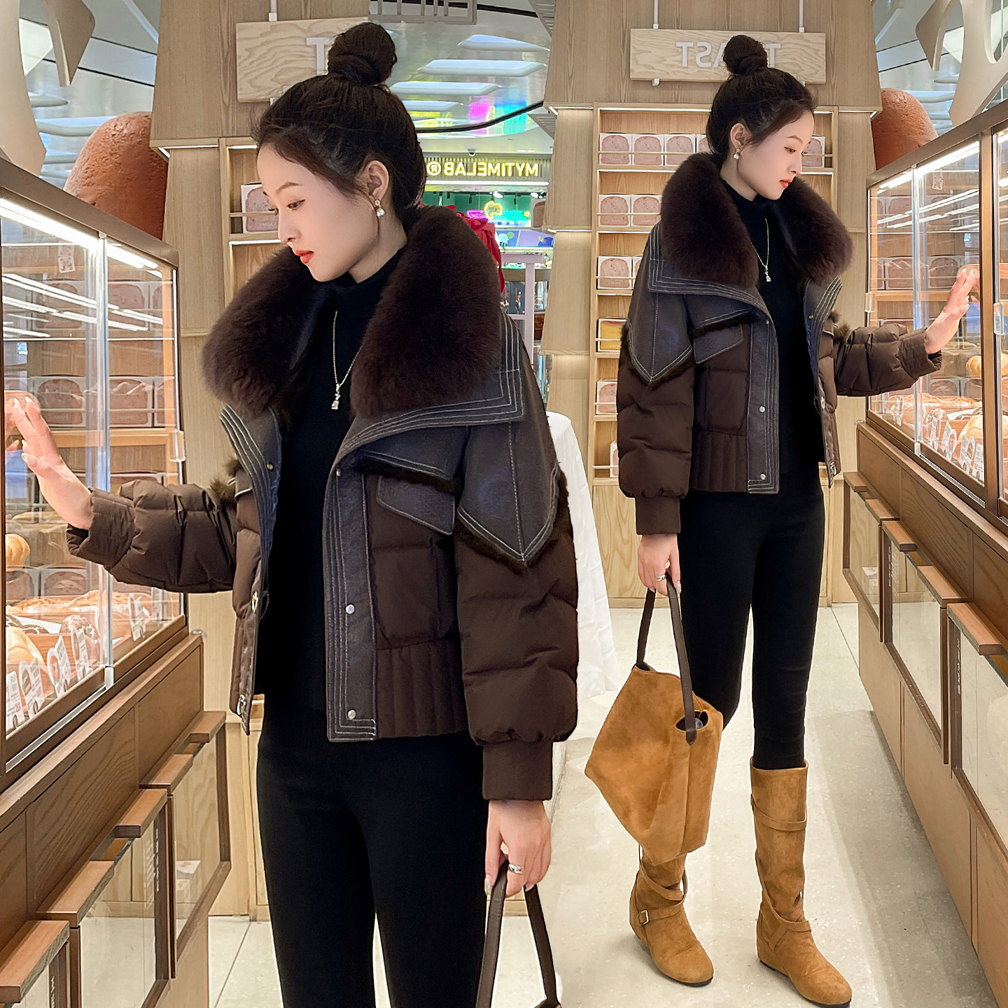 大毛领短款白鹅绒羽绒服女2025冬季新款高级感皮毛一体皮草短外套,淘宝优惠券,粉丝福利购,淘宝优惠卷