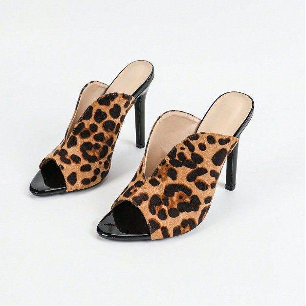 跨境欧美女士圆头漆皮豹纹面细高跟凉鞋女鞋性感时尚黑色高跟鞋,淘宝优惠券,粉丝福利购,淘宝优惠卷
