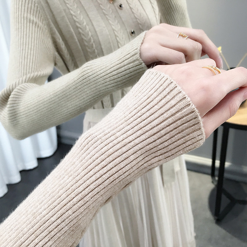 2020爆款半高领加厚针织蕾丝连衣裙 品绣玫瑰连衣裙