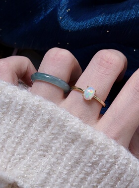 s925纯银天然非洲欧泊戒指女简约百搭时尚个性指环可调节礼物幻彩