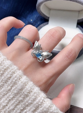 4.7更新款天然海蓝宝戒指s925纯银女款镶锆石精致小众闺蜜礼物